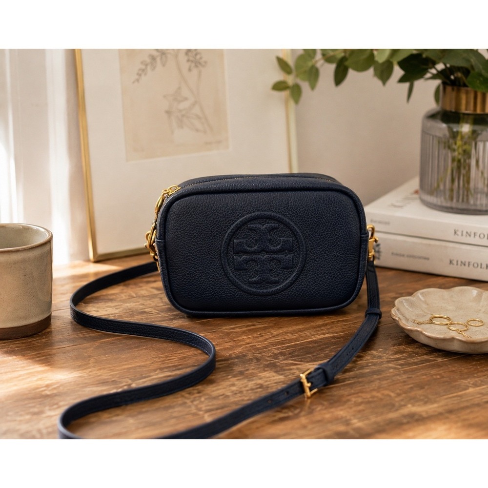 Tory Burch Perry Bombe Mini Bag Navy Blue Pebbled Leather Crossbody Camera Bag